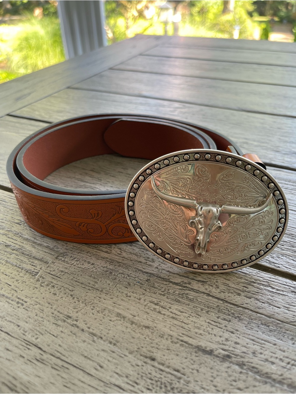 Western Tan Brown Tooled Leather Belt with Silver Longhorn Buckle Unisex Style